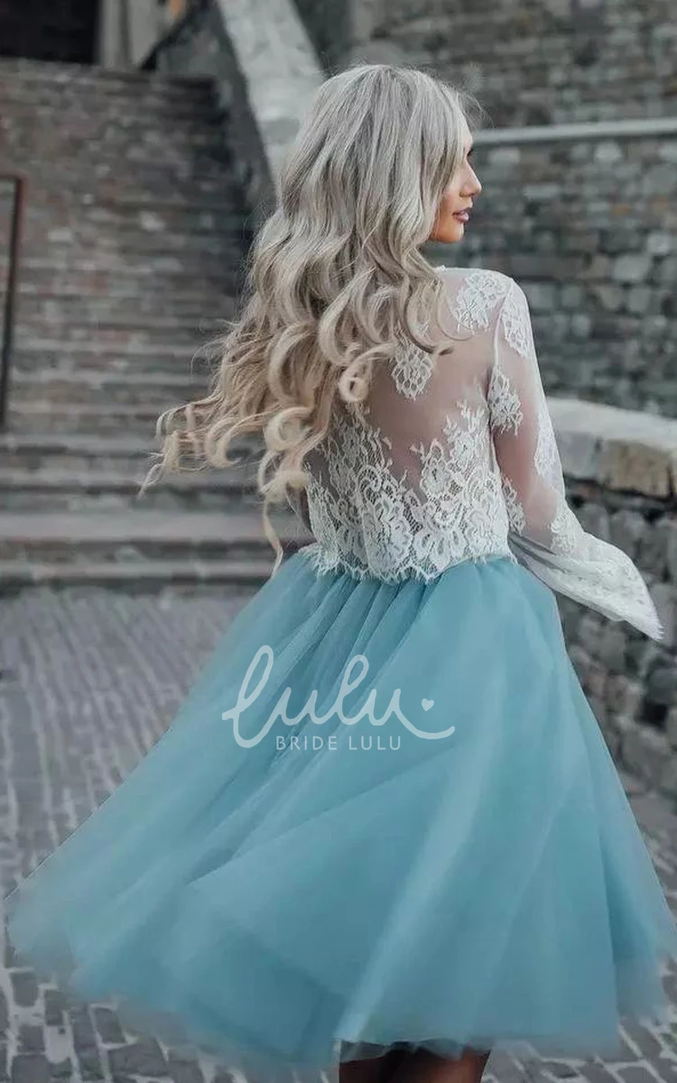Tea-length Tulle Homecoming Dress with Two Piece Long Sleeves and Pleats in A-line Silhouette