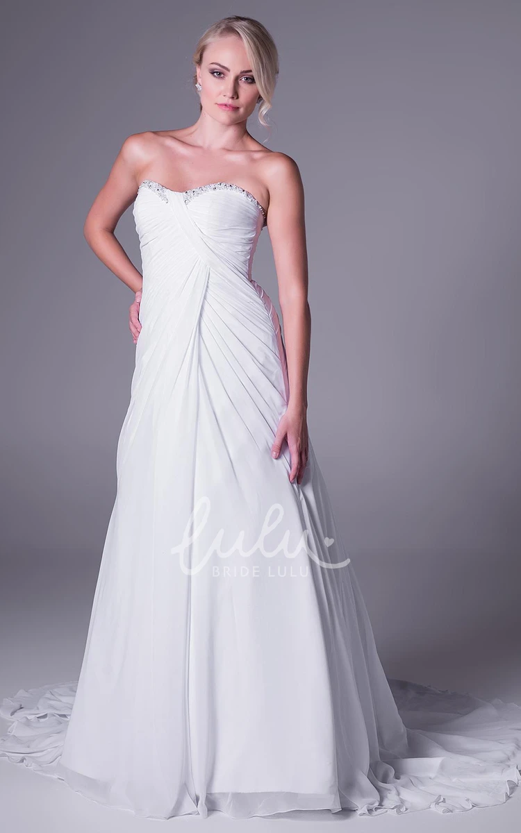 Sweetheart Beaded Sheath Wedding Dress Long Ruched V-Back