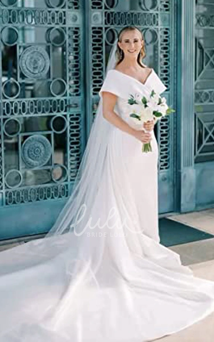 Elegant Satin A-Line Wedding Dress with Off-the-shoulder Neckline and Split Front Short Sleeves