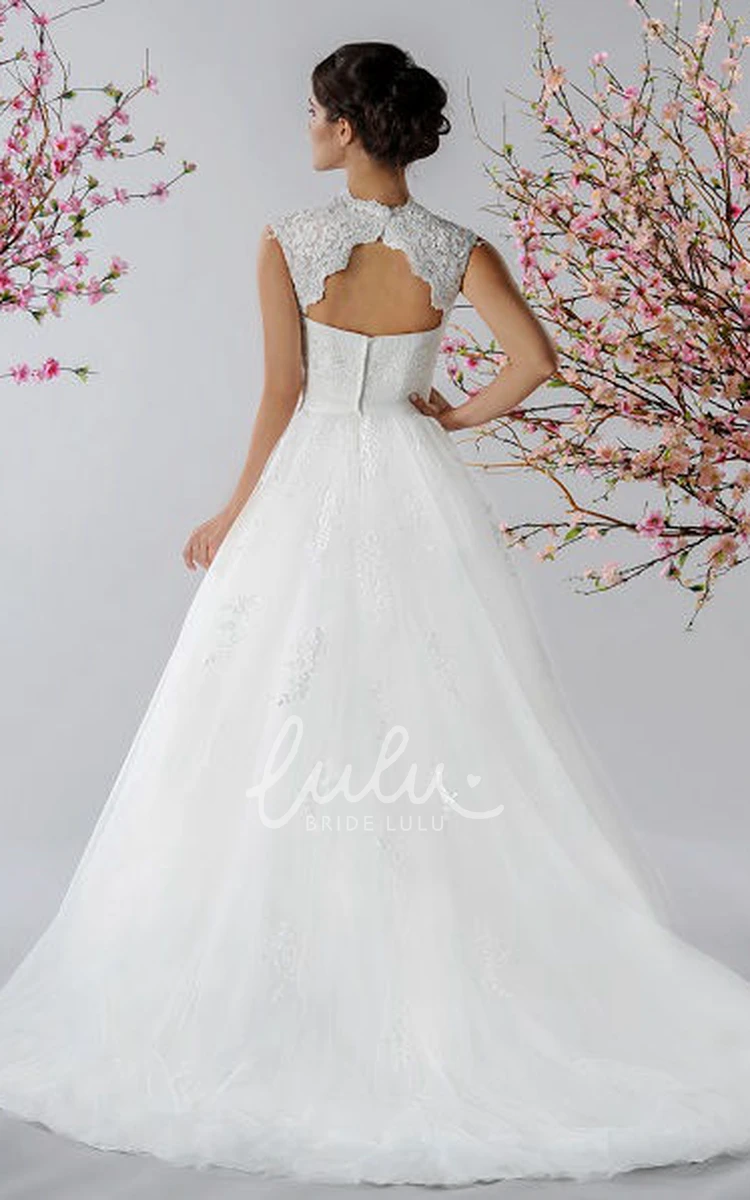 A-Line Tulle Bridal Gown with Cap Sleeves and Crystal Sash Wedding Dress