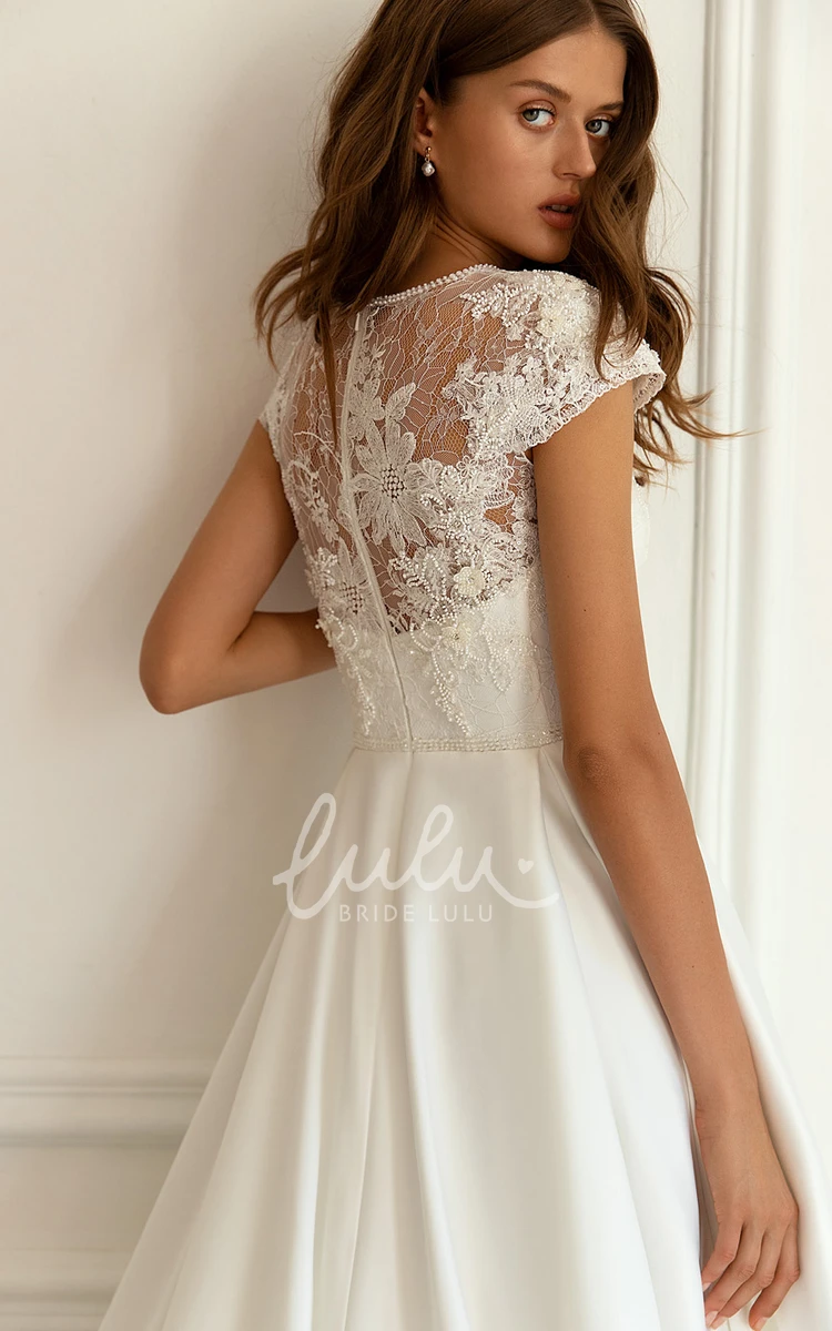 Jewel Lace A-Line Wedding Dress with Appliques Modern & Short Sleeve