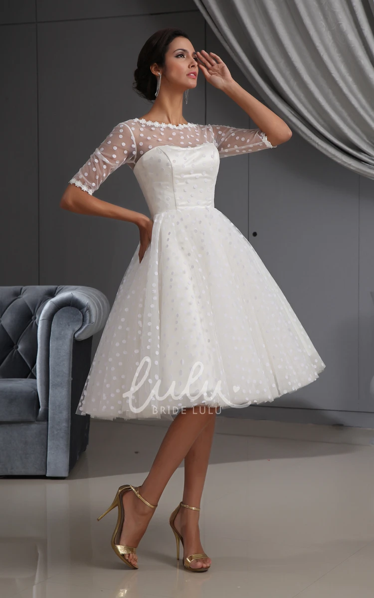 Knee-Length A-Line Wedding Dress with Half-Sleeves Dot and Lace Details