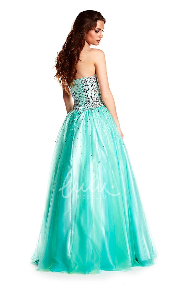 Strapless A-Line Prom Dress with Beaded Bodice and Bow Floor-Length Tulle and Satin Gown