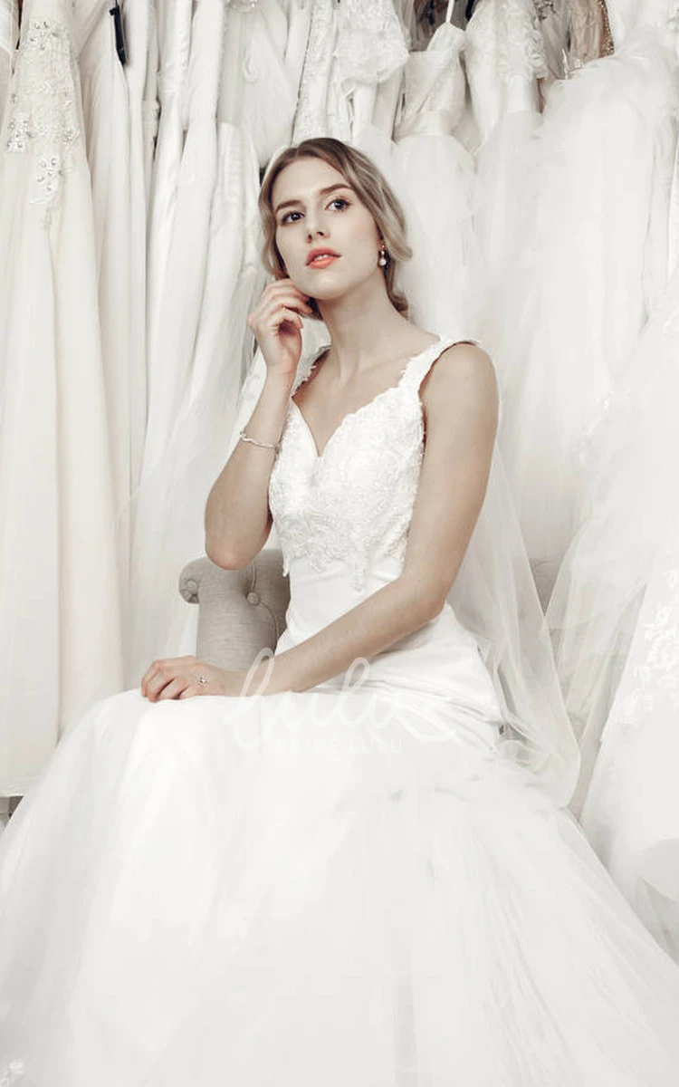 Lace Appliqued V-Neck Tulle Wedding Dress with Court Train Sleeveless Backless