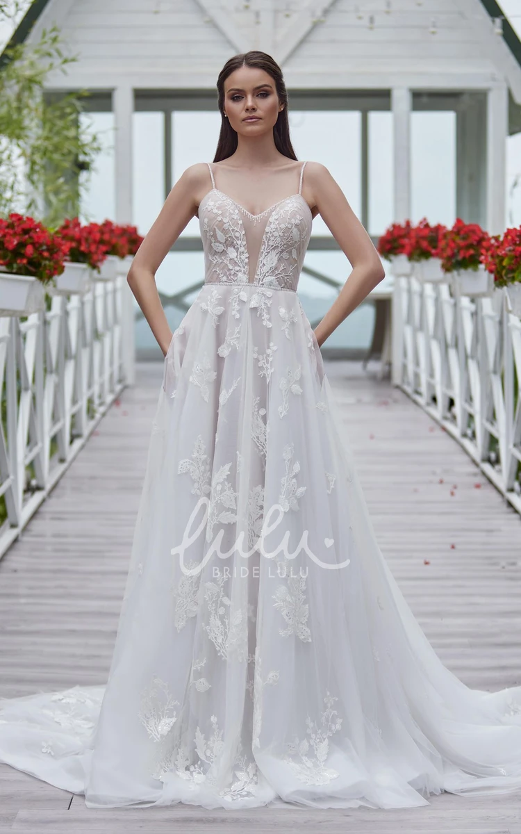 Garden Wedding Dress with Lace A-Line Silhouette Spaghetti Straps Open Back and Appliques Classy and Romantic