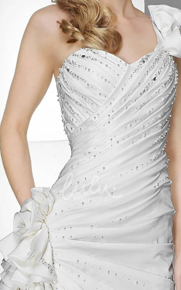 One-Shoulder Satin Wedding Dress with Beading and Flower Sheath