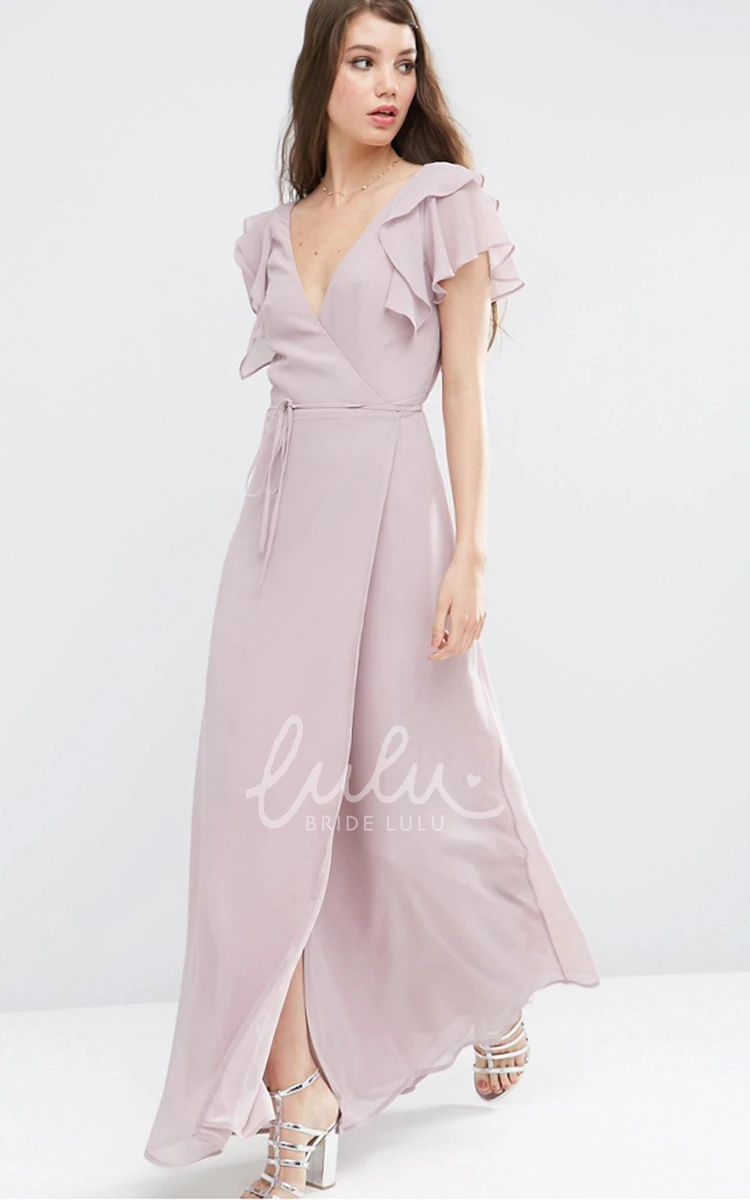 Split Front Chiffon Bridesmaid Dress with Poet-Sleeves and V-Neck in Ankle-Length Sheath Style