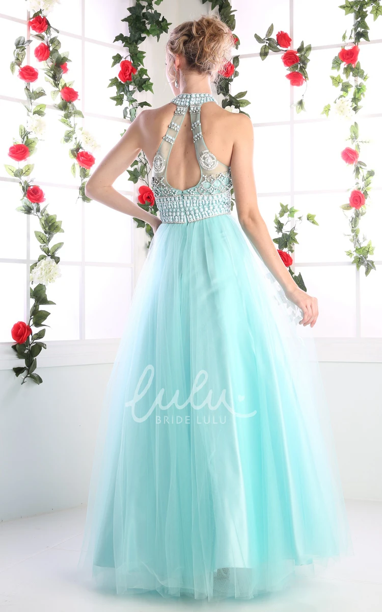 High Neck Tulle Satin Ball Gown Formal Dress with Beading