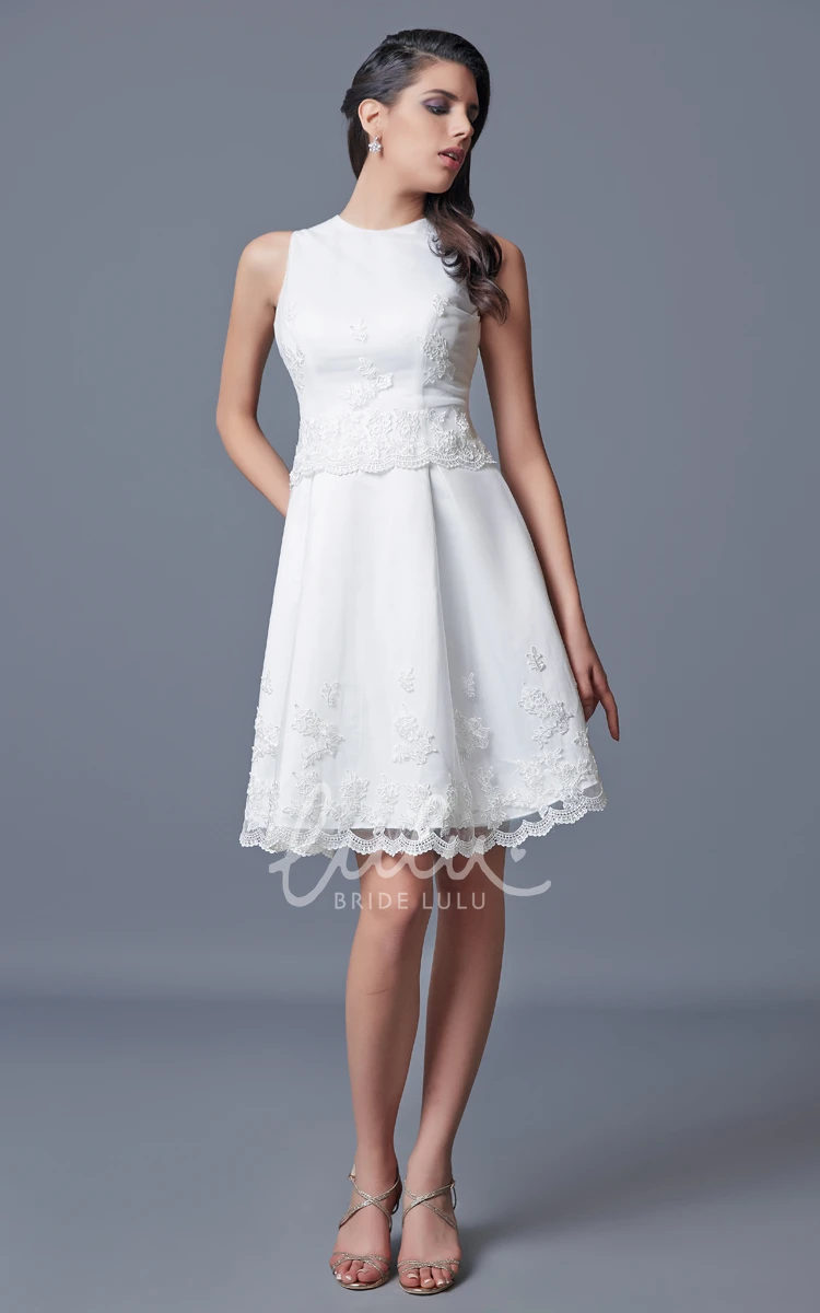 Short Satin Formal Dress with Jewel Neckline and Appliques Classy and Simple