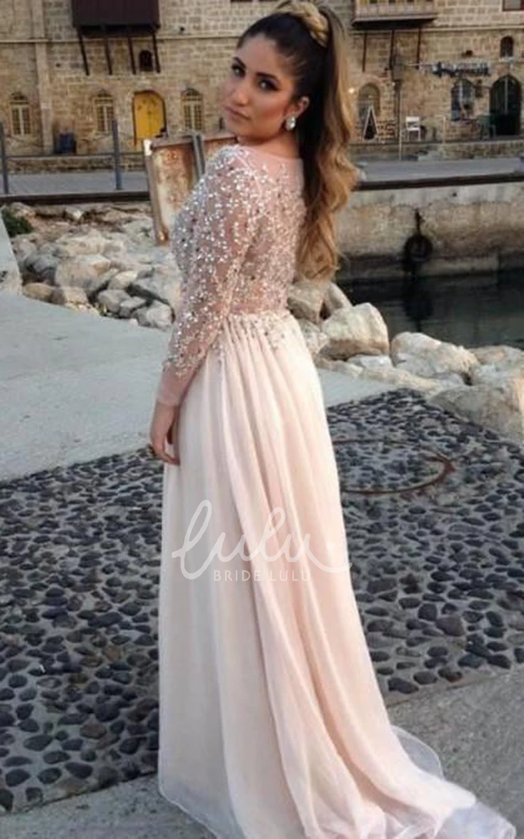 Chiffon Long Sleeve Prom Dress with Beadings and Flowy Skirt
