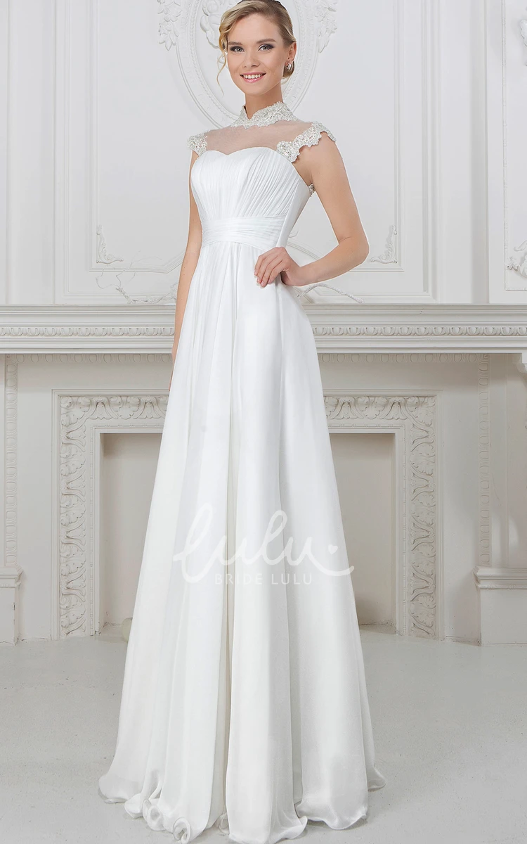 High-Neck Satin Wedding Dress with Cap Sleeves and A-Line Skirt Modern Wedding Dress