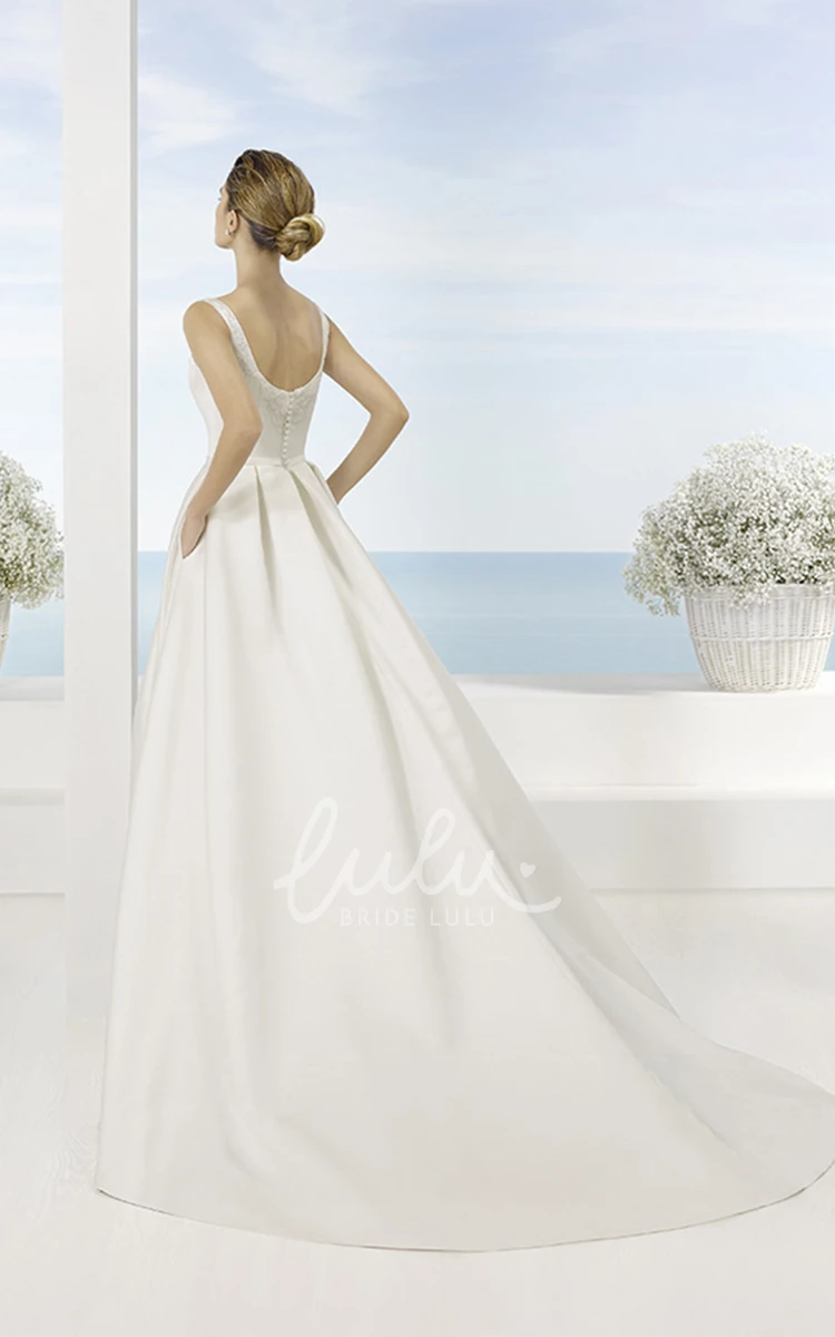 Maxi Beaded Satin Wedding Dress with Square Neckline and Sweep Train