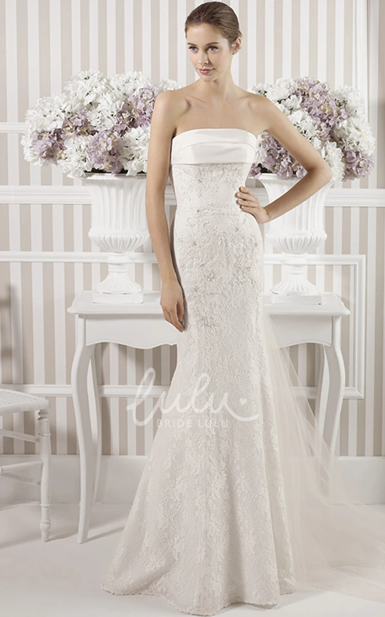Strapless Lace Sheath Wedding Dress with Sweep Train and Backless Style Unique Wedding Dress