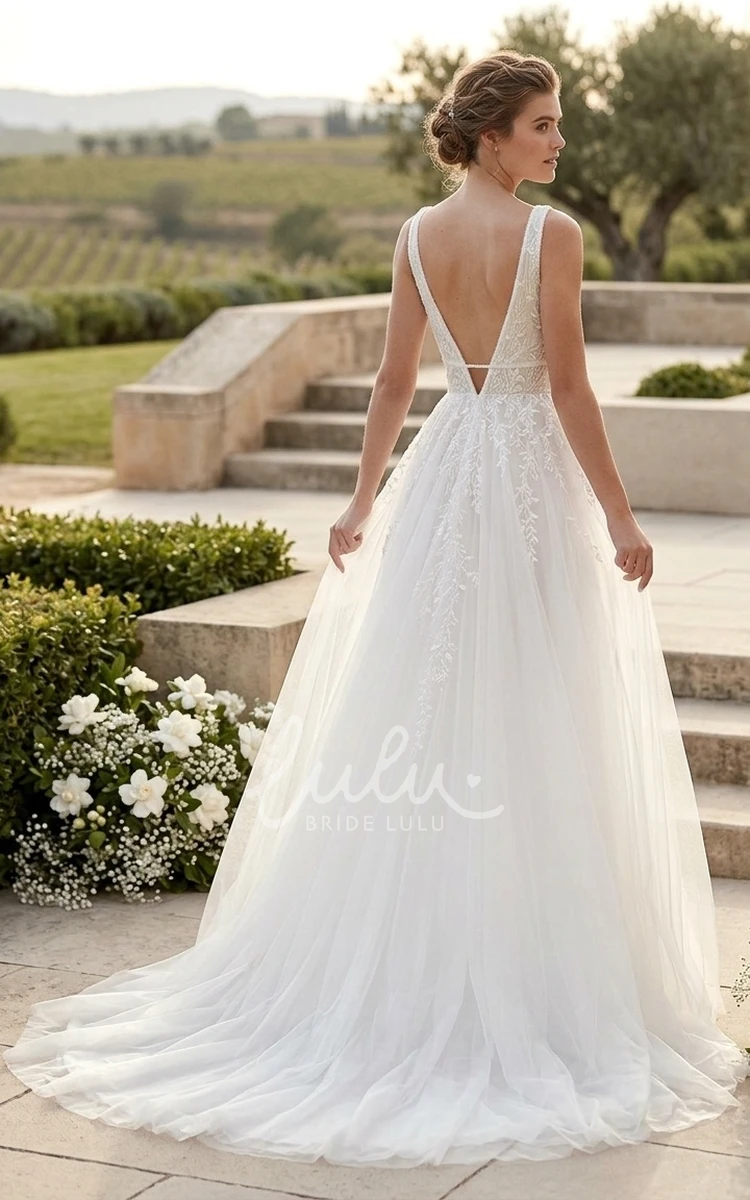 Sparkly Princess A-Line Bohemian Lace Tulle Spring Wedding Dress Romantic Floral Appliqued V-Neck Low Back Court Train Bridal Gown