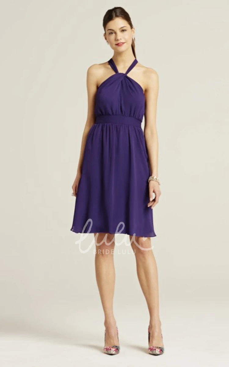 Halter Ruched Chiffon Bridesmaid Dress with Bow Knee-Length