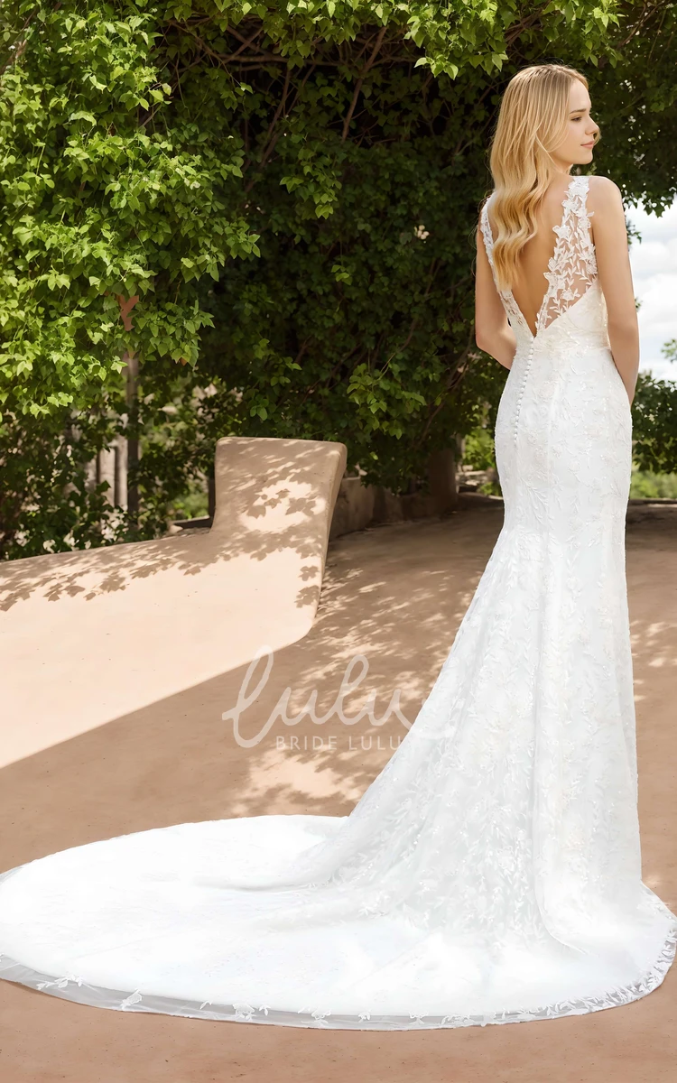 Elegant Beach Mermaid Plunging Boho Lace Wedding Dress Modern Garden Sleeveless Backless Appliques Bridal Gown with Train