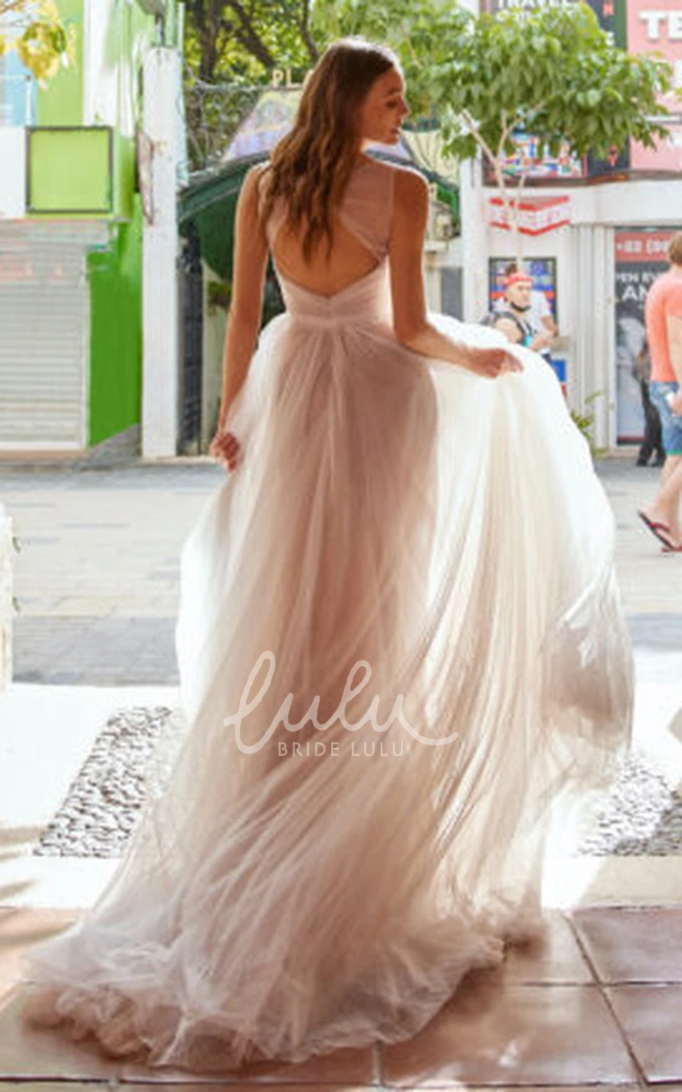 Boho Country A-Line Tulle Wedding Dress with Keyhole Plunging Neckline Bridal Gown