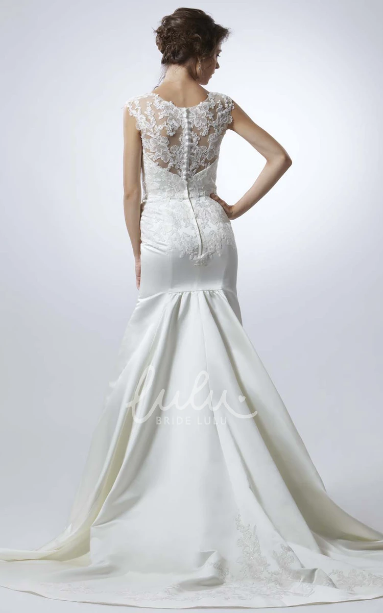 Cap-Sleeve V-Neck Taffeta Wedding Dress with Illusion Elegant Sheath Style