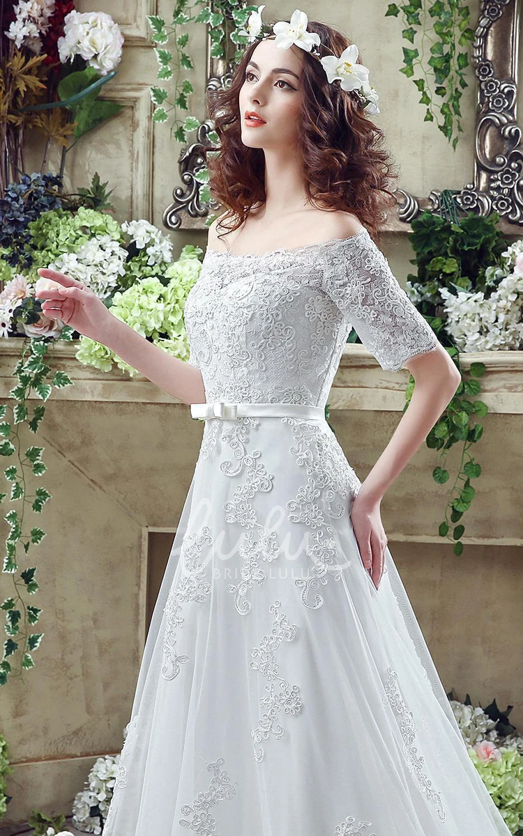 Off-Shoulder Lace Applique Wedding Dress with Bowknot and Lace-Up