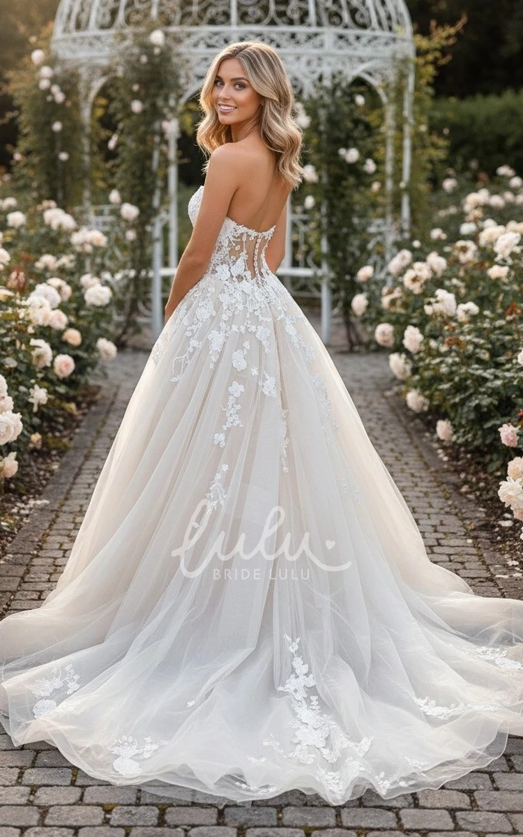 Sweetheart Lace A-Line Wedding Dress Sleeveless Tulle Ball Gown with Sheer Corset Top