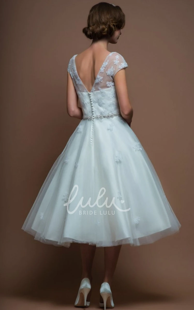 Jeweled Cap-Sleeve Tea-Length Tulle Wedding Dress A-Line