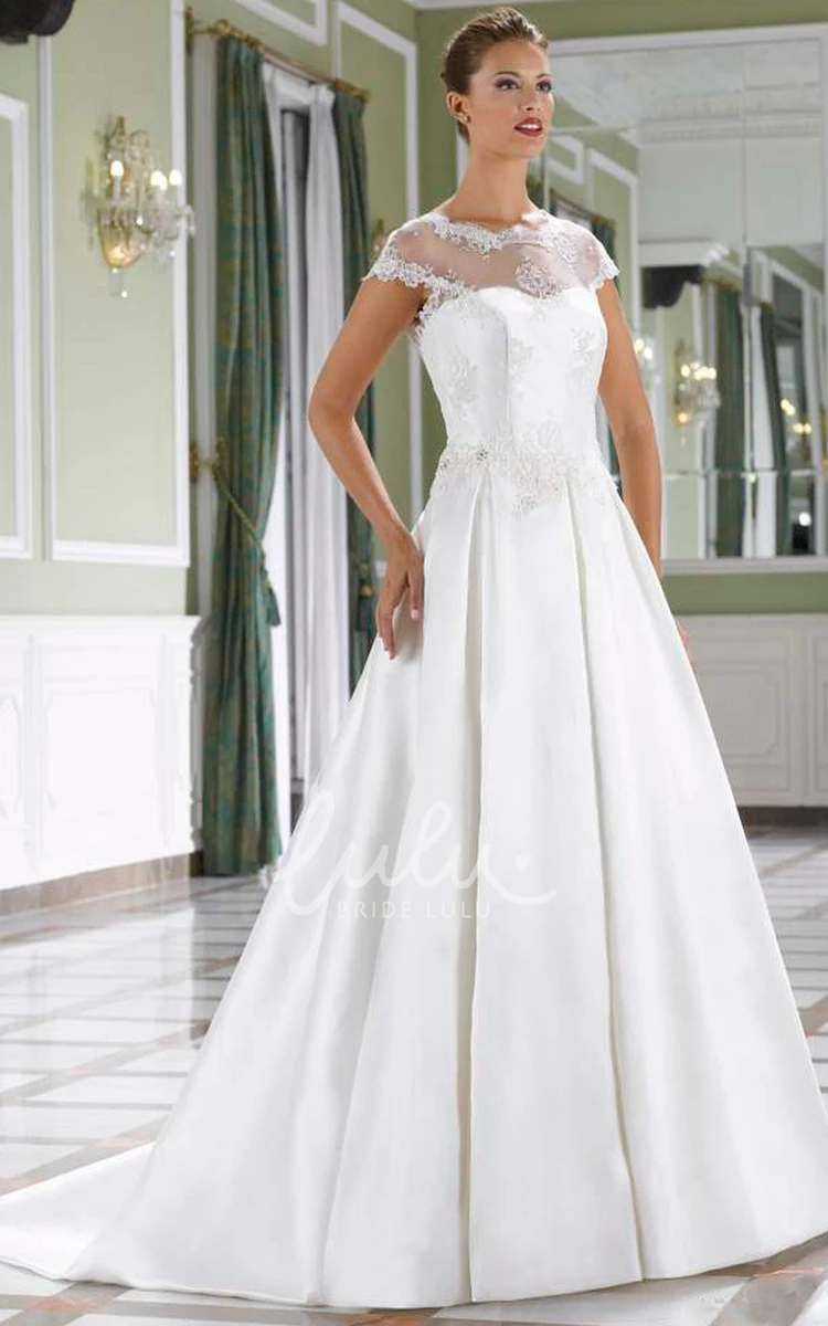 Cap-Sleeve Satin A-Line Wedding Dress with Appliques and V-Back Simple Satin Wedding Dress