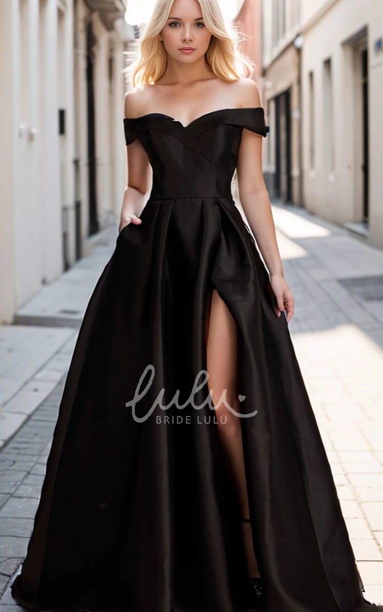 Vintage Black A-Line Off-the-Shoulder Floor Wedding Dress Sexy High Slit Formal Evening Party Gown