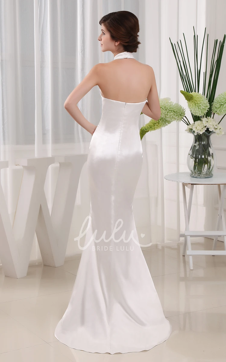 Satin Halter Sheath Wedding Dress with Brush Train Sleeveless Elegant Bridal Gown