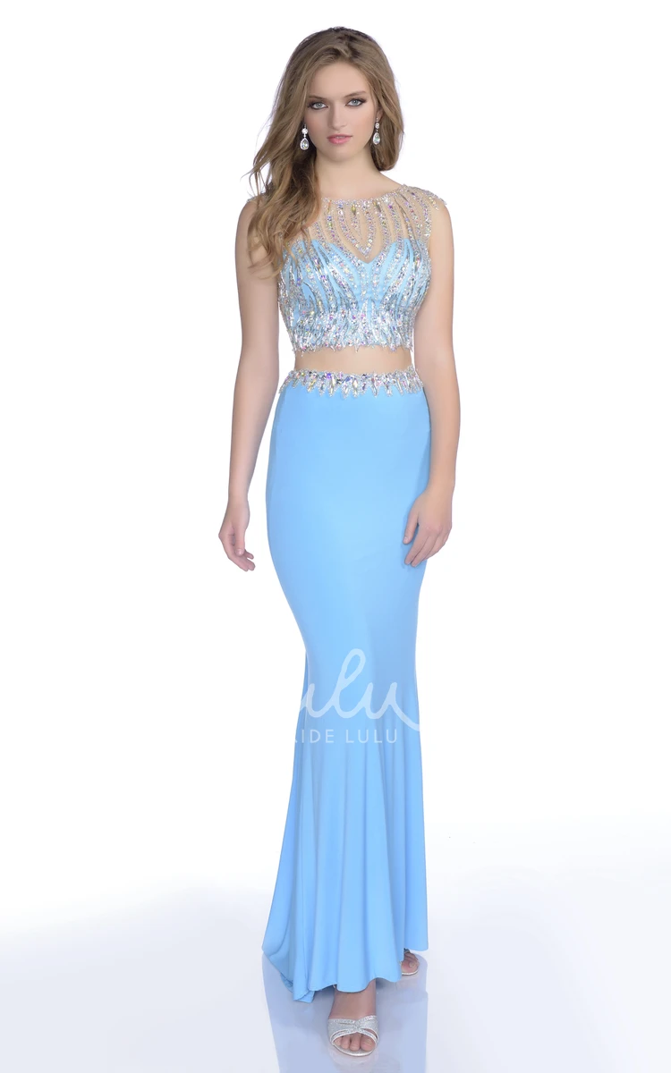 Sequin Beaded Trumpet Prom Dress Sleeveless Crop Top Jersey Fabric