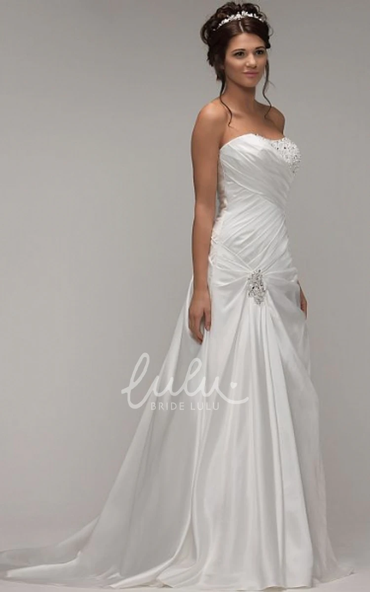 Strapless Maxi Satin Wedding Dress with Beading Broach and A-Line Cut