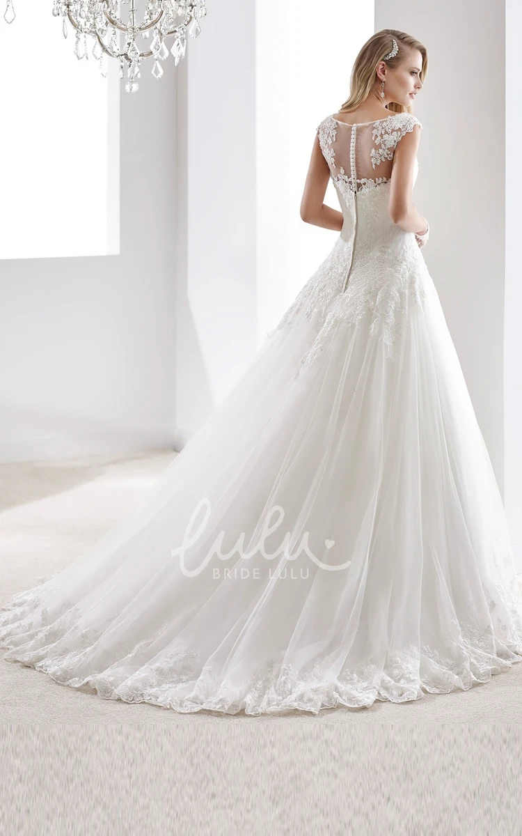 Illusion A-Line Wedding Gown with Appliques and Brush Train Cap Sleeve