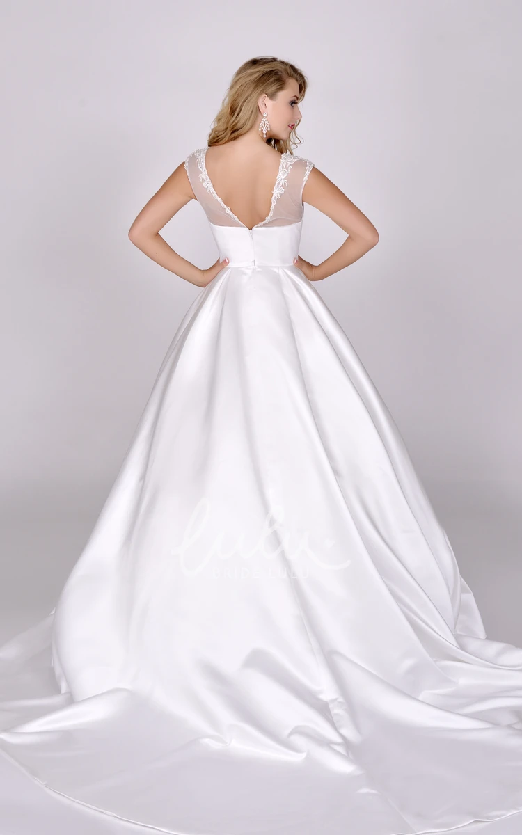 Satin A-Line Cap Sleeve Wedding Dress with Low-V Back and Pockets Bridal Gown