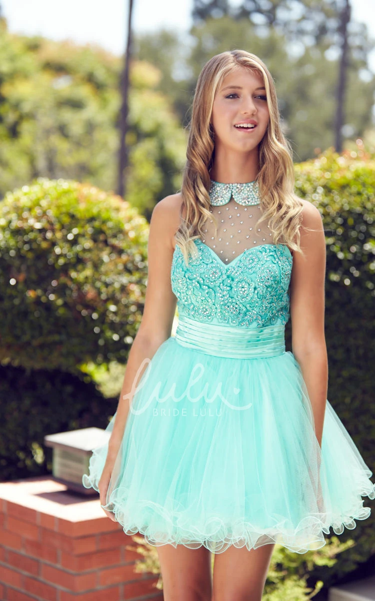 High Neck Sleeveless A-Line Tulle Illusion Dress with Beading and Ruffles