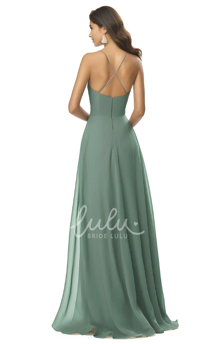 Bohemian Chiffon Spaghetti Bridesmaid Dress with Front Split A-Line Unique Wedding Dress