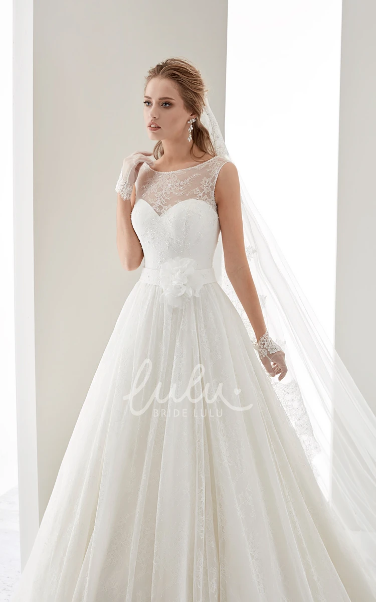 Jewel Neckline Draping Wedding Dress with Flower Waist and Illusion Cap Sleeves