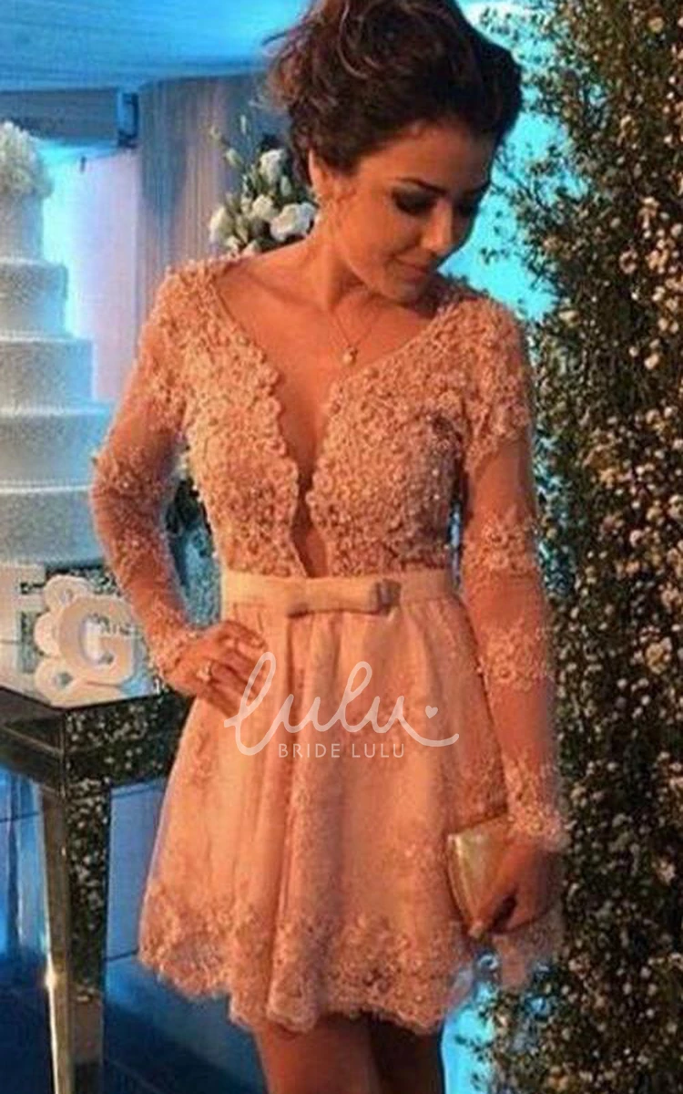 Long Sleeve V-neck Lace Appliques Cocktail Dress Chic and Stylish