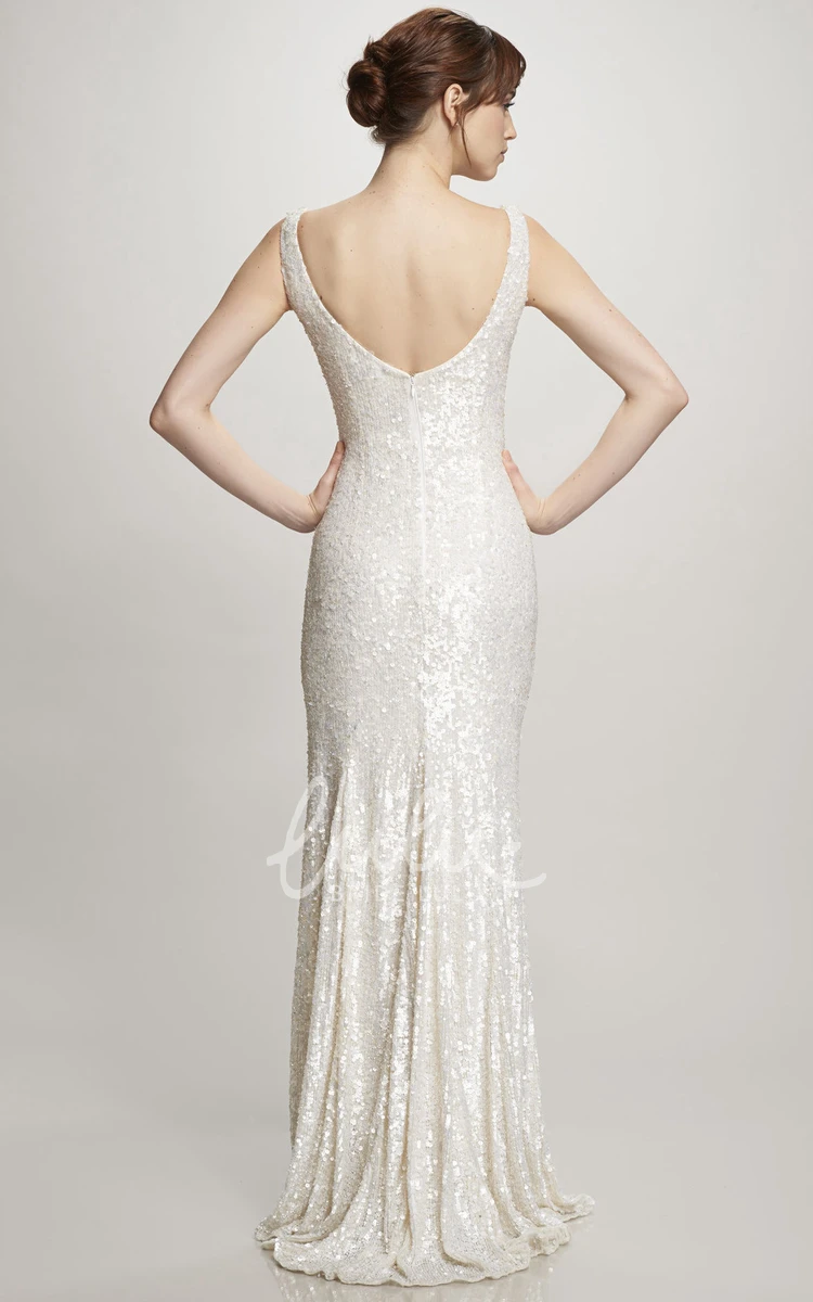 Sequin V-Neck Wedding Dress with Brush Train and V-Back Floor-Length