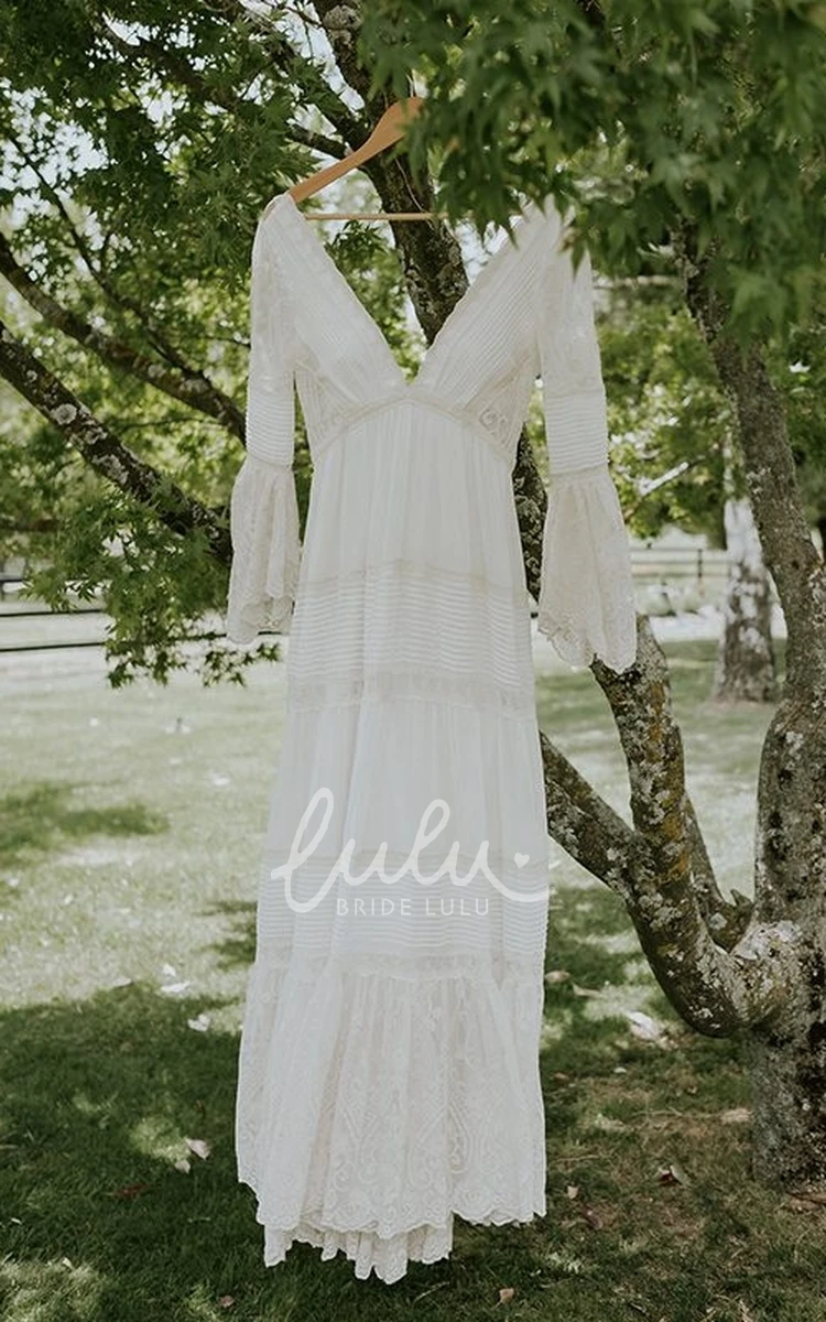 Bohemian Lace Illusion Sleeve Wedding Dress Beach/Country Sexy & Casual V-neck