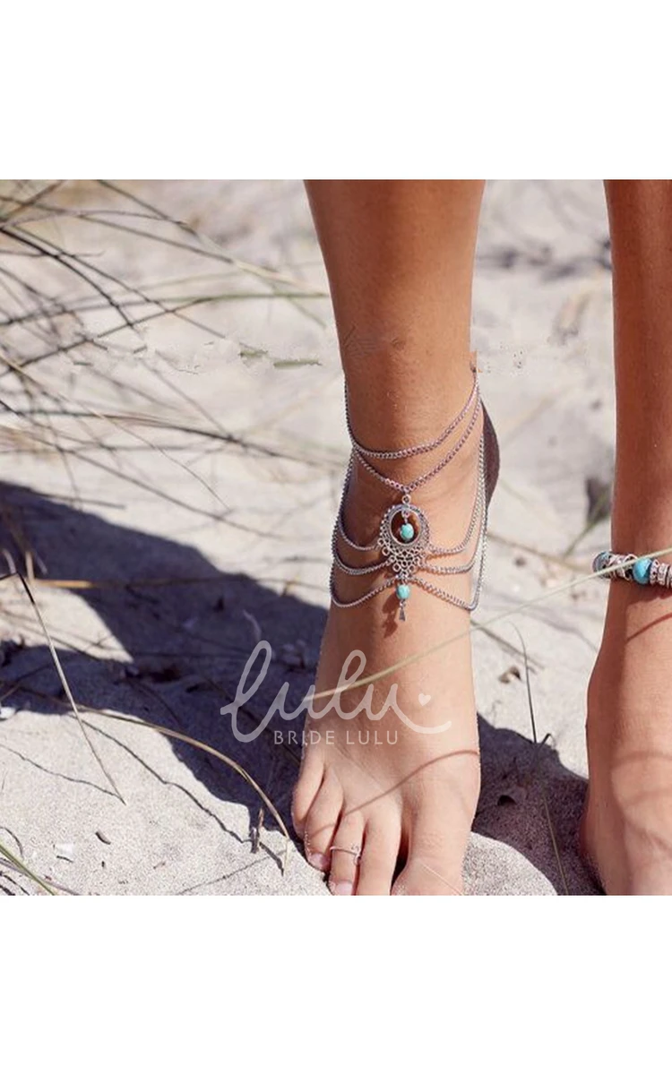 Vintage Turquoise Ankle Bracelet with Ethnic Hollow Design