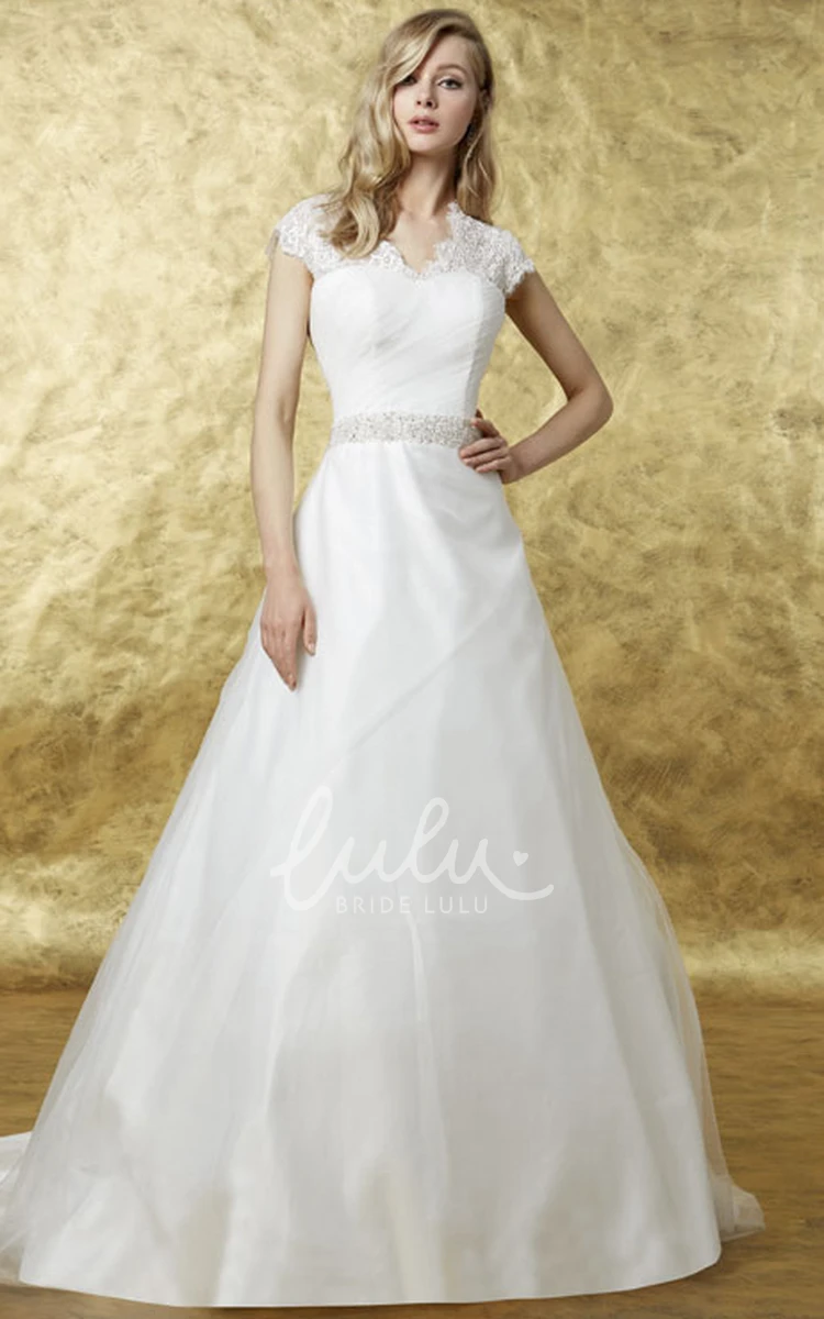 A-Line Organza Wedding Dress with Appliques Cap Sleeve Scalloped Floor-Length