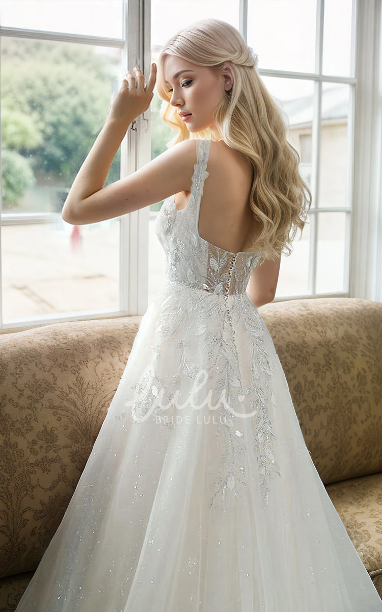 Modern Sexy A-Line Lace Appliques Tulle Square Neck Wedding Gown Elegant Straps Sleeveless Floor-length Beading Backless Bridal Dress