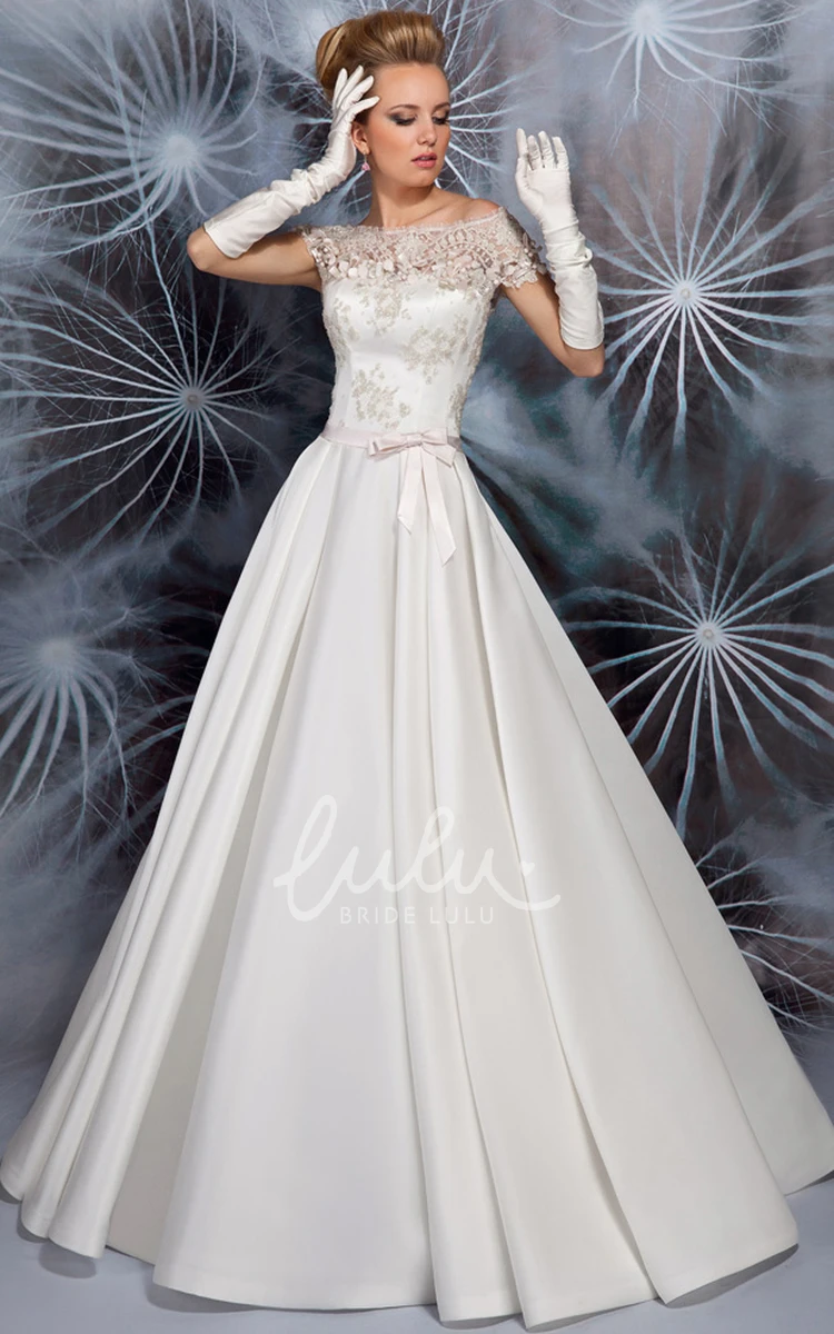 Cap Sleeve Bateau Neck Satin Wedding Dress with Appliques A-Line Maxi Style