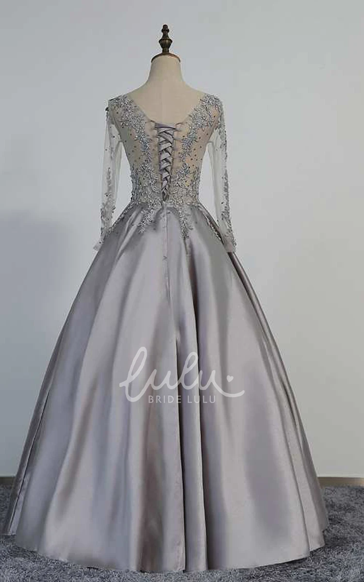 Satin Ball Gown with Illusion Long Sleeves and V-neckline