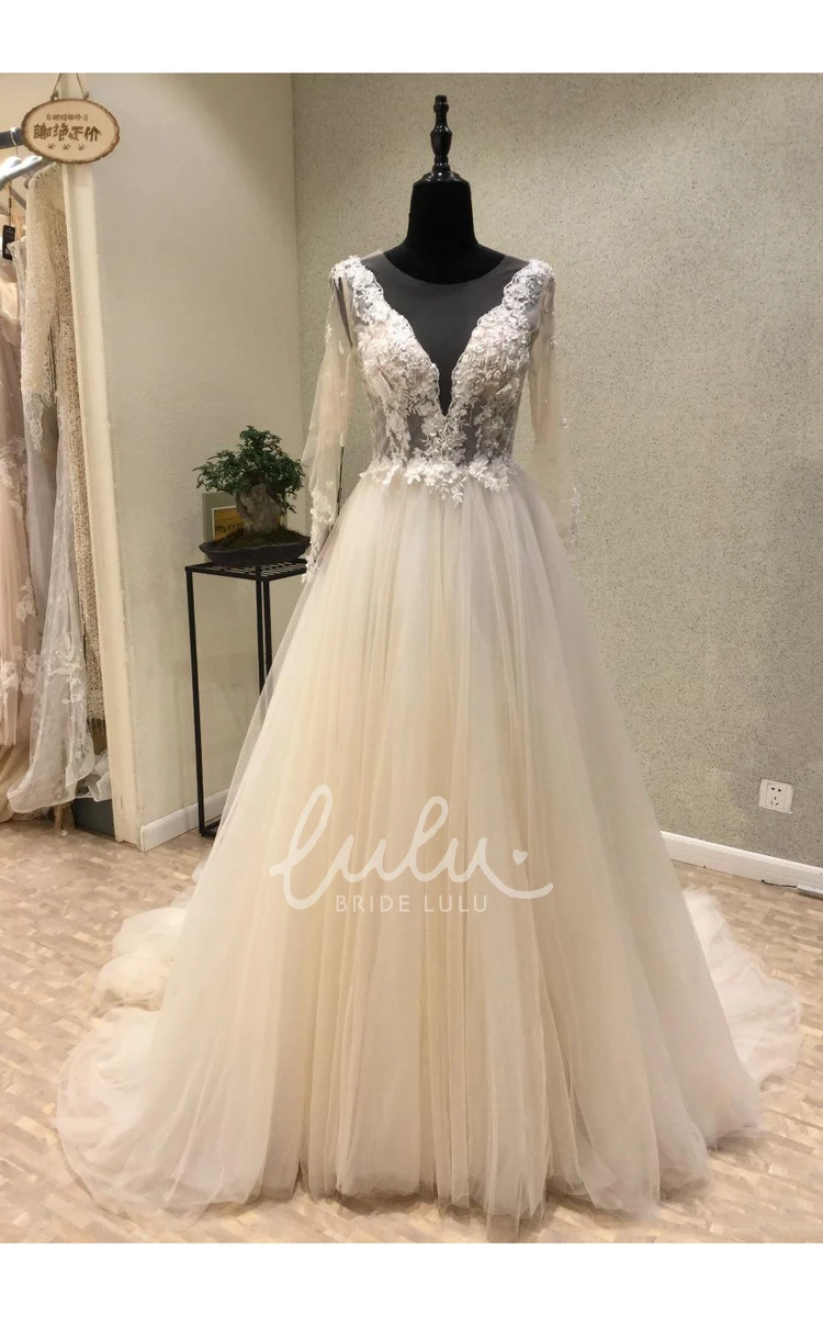 Sexy A-Line Bridal Veil with Illusion Long Sleeves and Fancy Appliques