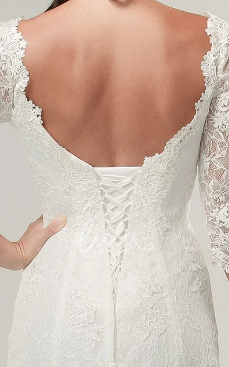 Half Sleeve Lace Wedding Dress with V-Neck and Brush Train Flowy Bridal Gown