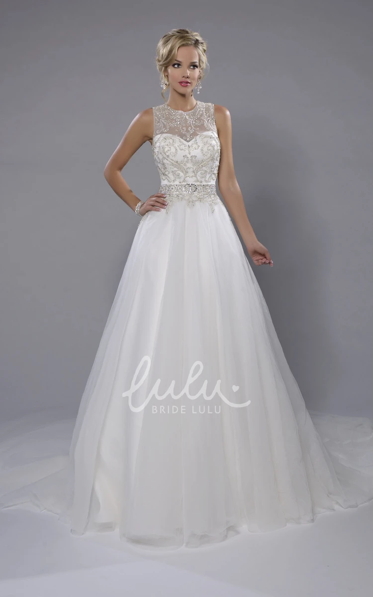 Sleeveless Jewel Neck Tulle Wedding Dress with Metallic Bodice Flowy A-Line Style