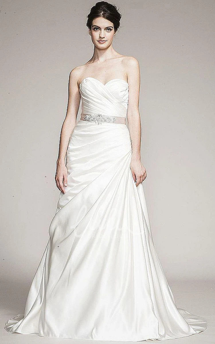 Satin A-Line Sweetheart Wedding Dress with Jeweled Criss Cross and Side Draping