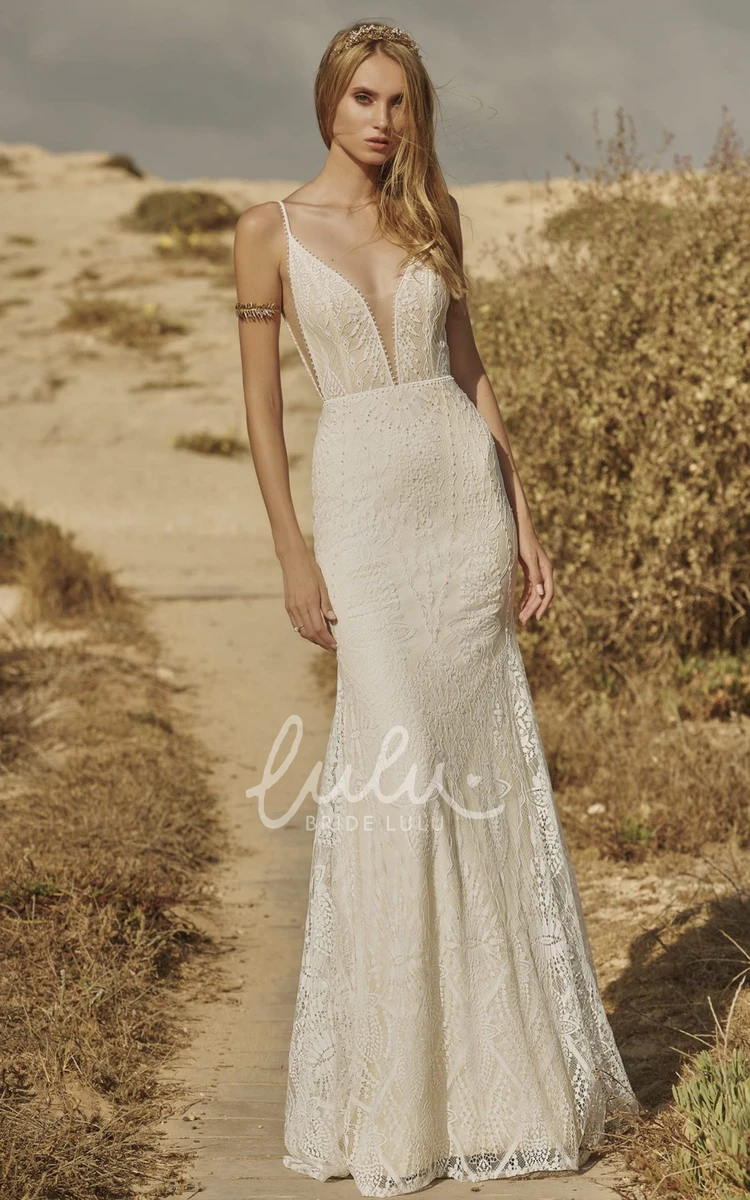 Mermaid Lace Wedding Dress with Plunging Neckline and Appliques Elegant Wedding Dress
