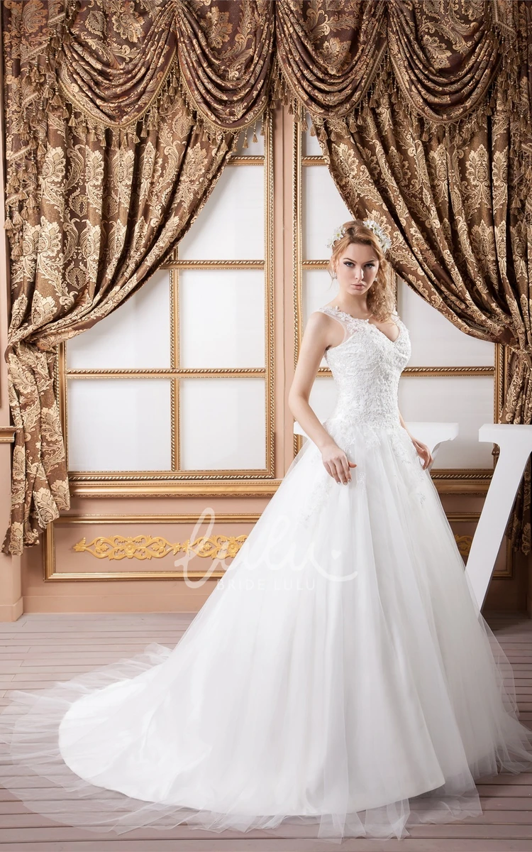 Tulle Ball Gown Wedding Dress Sleeveless Plunged Neckline with Appliques