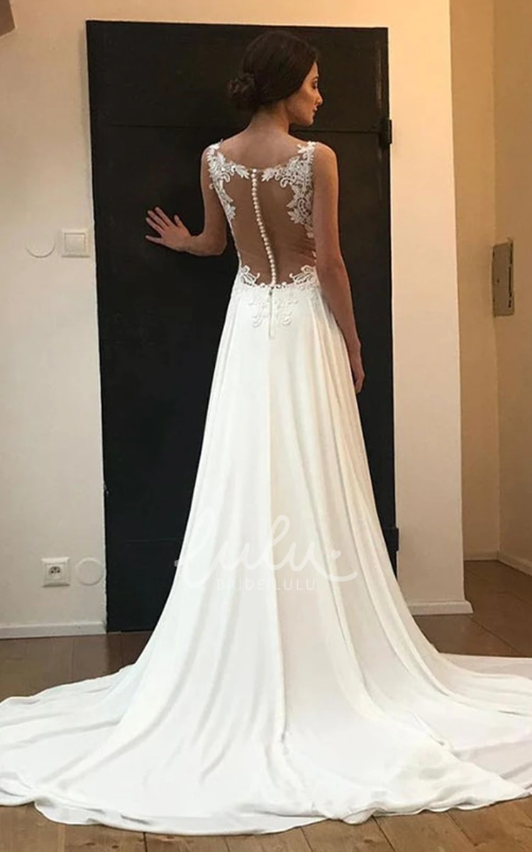 Romantic A Line Chiffon Wedding Dress with Appliques and Bateau Neckline